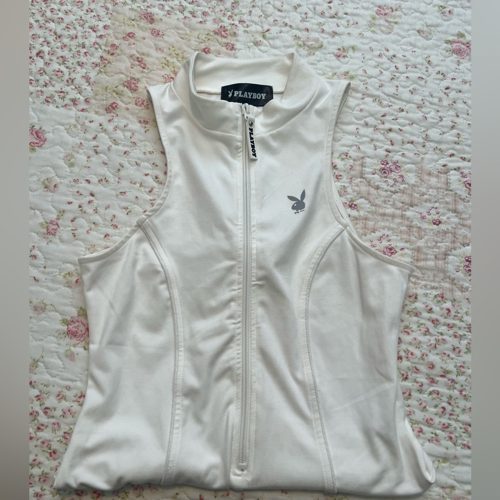 PLAYBOY White Sleeveless Zip-Front Bodysuit